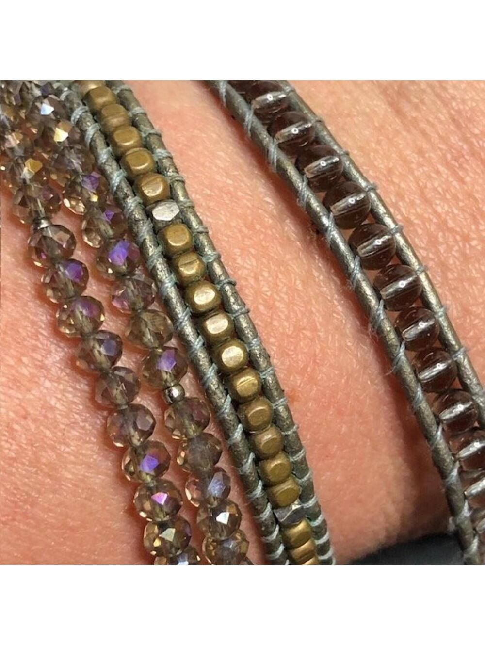 B0298 Nakamol Wrap Bracelet Crystal Beaded Adjustable Gray and Gold Tone 19.5"